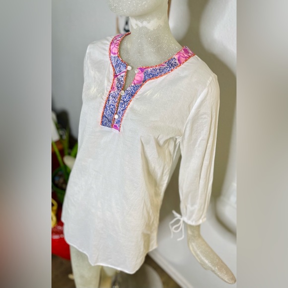 Staci Woo Souvenir Edition White/Pink/Purple Long Sleeve Tunic. Size 2 - Picture 8 of 16